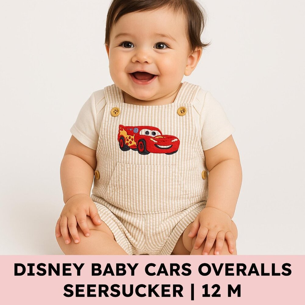 Disney Baby Cars Seersucker Overalls in Cream with Red Patch